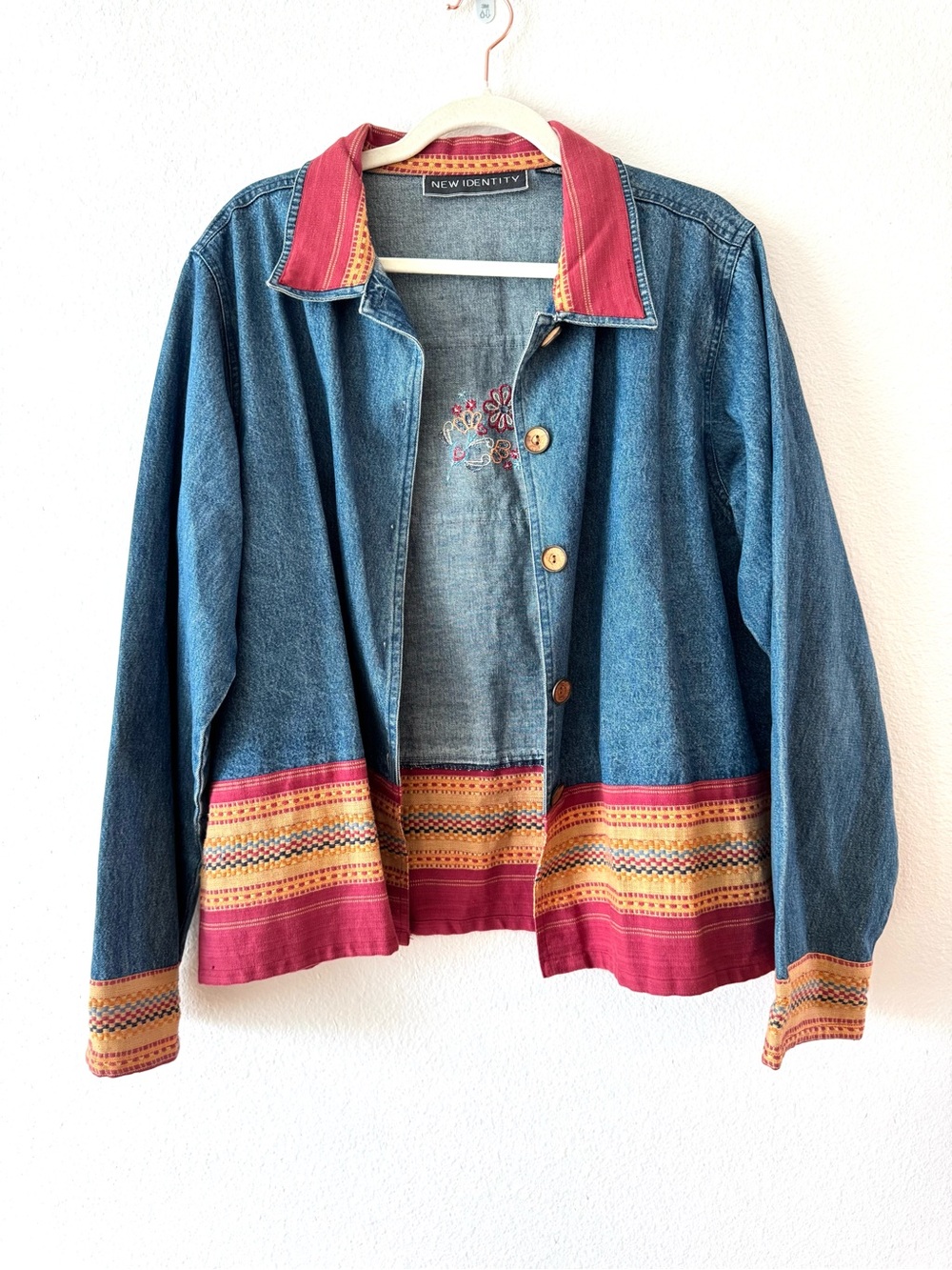 Vintage 90s New Identity Boho Embroidered Denim Jacket - Size XL